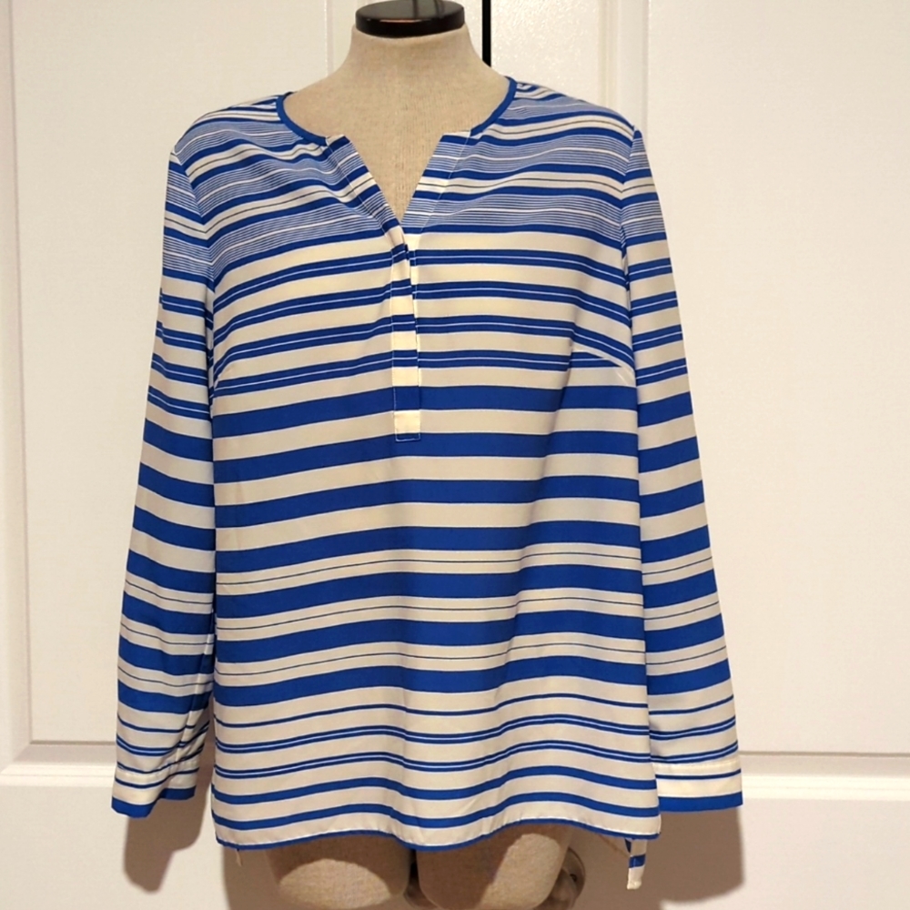 Talbots Large Top Shirt Blouse Tunic Blue White Size L-381